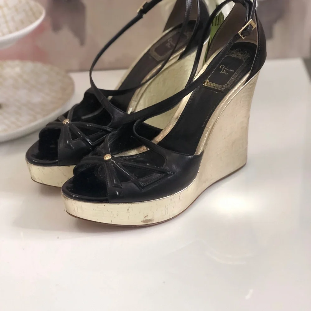 Dior Black Patent Leather Peep-Toe Wedge Sandals with Gold Stud
